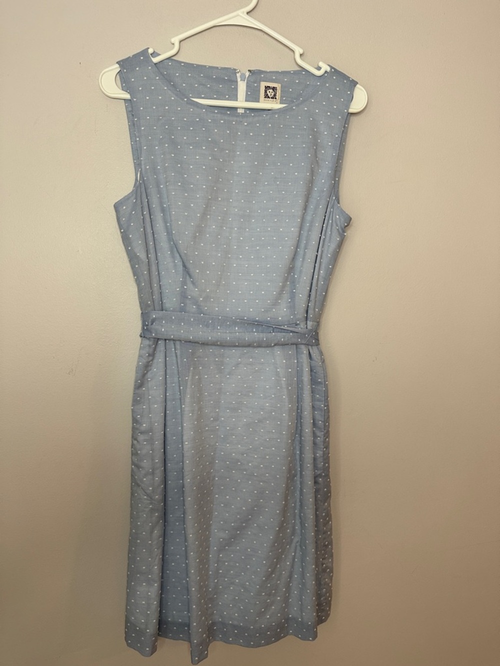 Sleeveless Light Blue Polka Dot Belted Dress